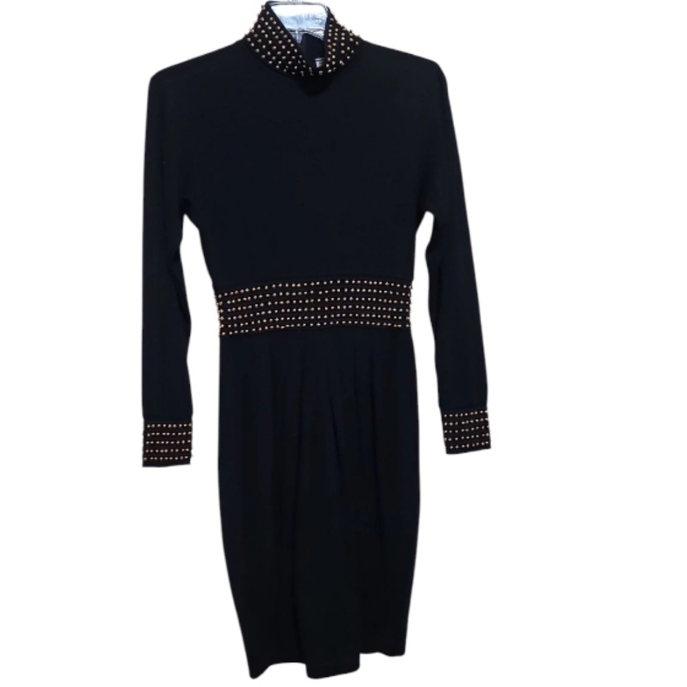 Kenar Women Black And Gold Beaded Longsleeve Midi Dress Size Medium